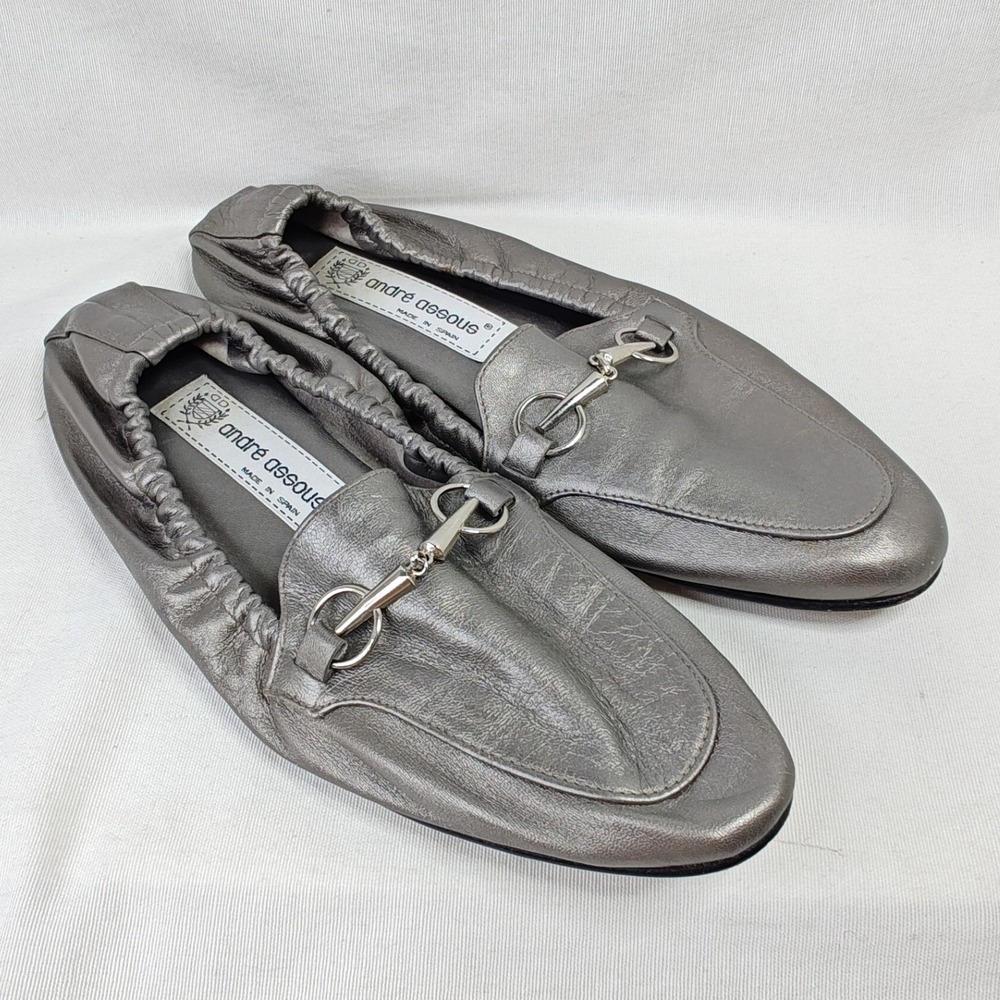 Andre Assous Horsebit Loafers Silver Metallic Leather Almond Toe Spain Flats 8.5